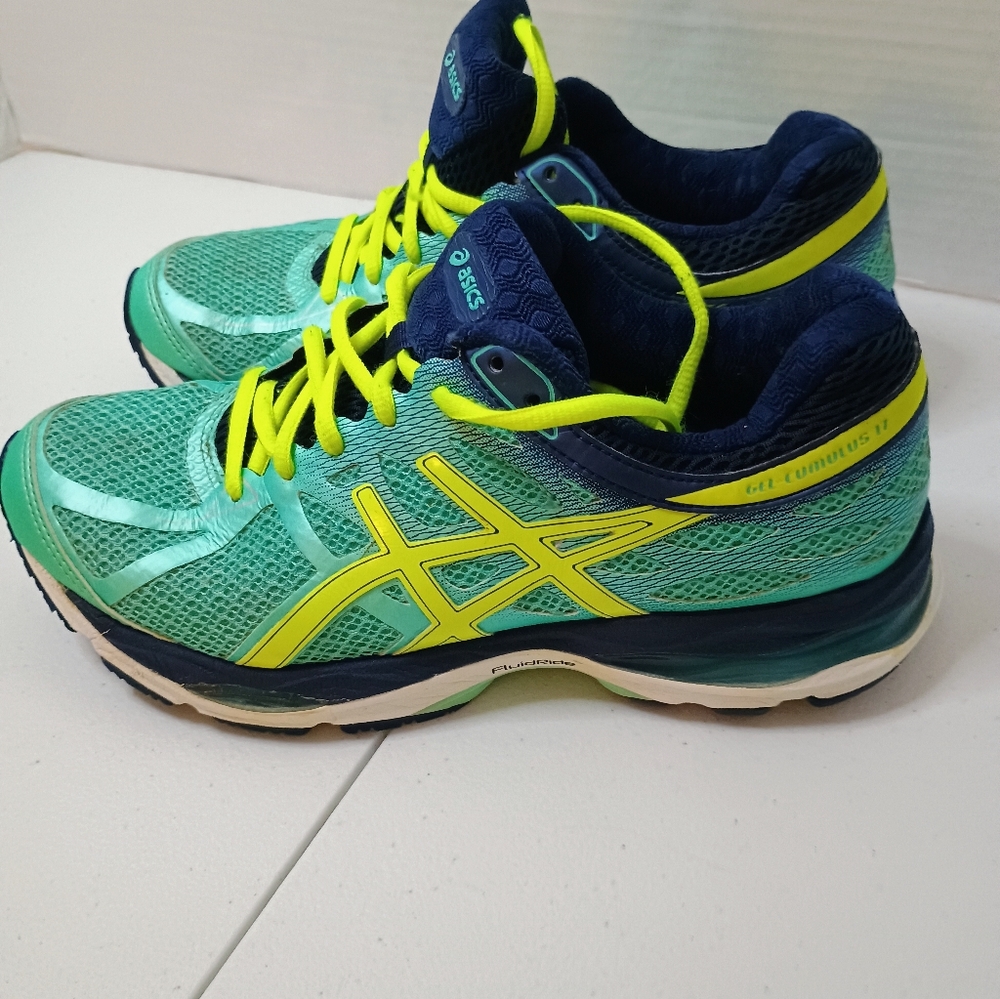 Asics Women's Teal Navy Neon Yellow Running Sneakers - Picture 2 of 12